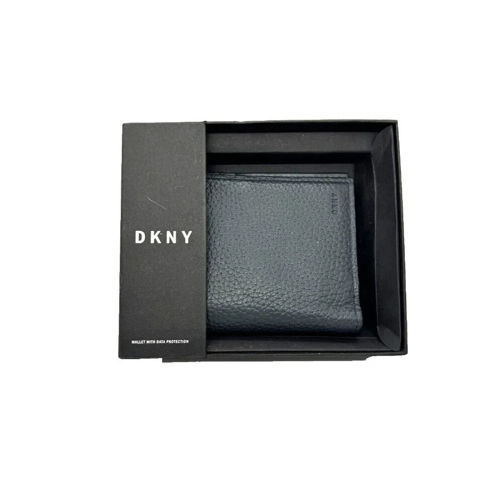 DKNY pebbled faux-leather foldable men's wallet cardcase RFID- Black/Dark navy